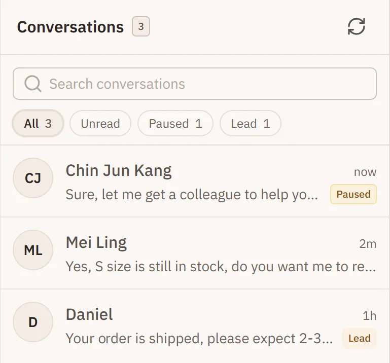 The EezieLead inbox, showing three WhatsApp conversations with the AI paused on one of them