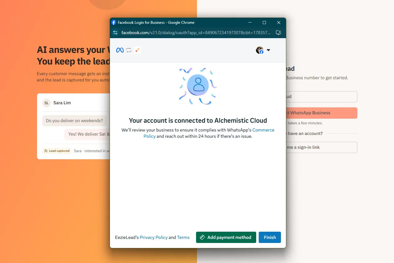 The signup flow confirming the account is connected