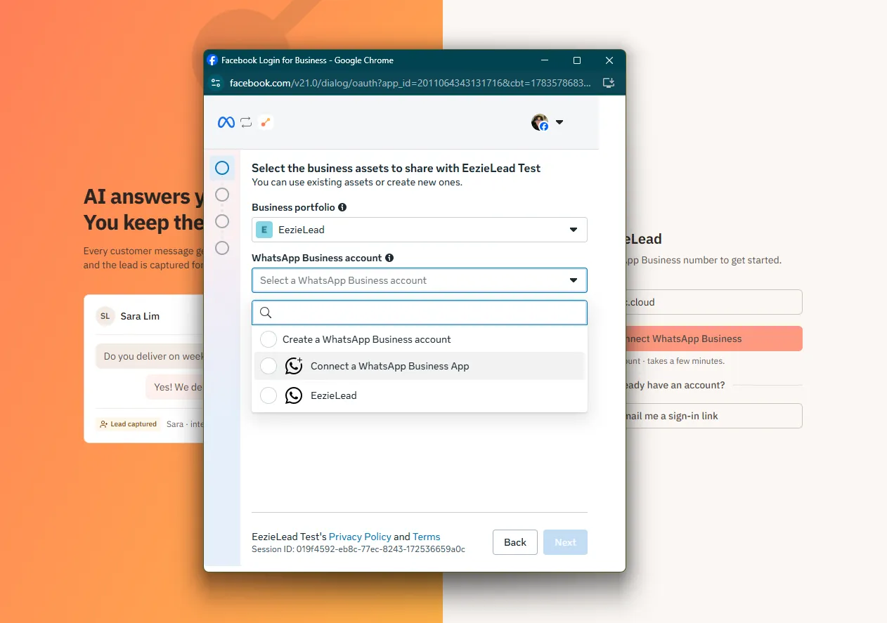 Choosing Connect a WhatsApp Business App in the signup flow