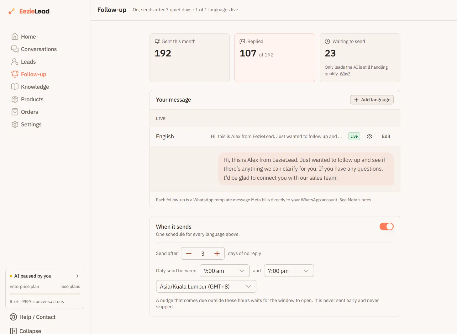 The EezieLead Follow-up page once a message is live, showing Sent this month, Replied and Waiting to send above the live message and the schedule