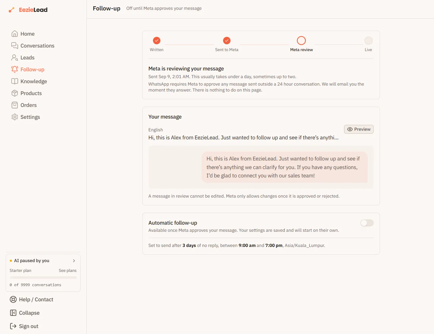 The EezieLead Follow-up page while Meta is reviewing the message, showing the Written, Sent to Meta, Meta review and Live steps