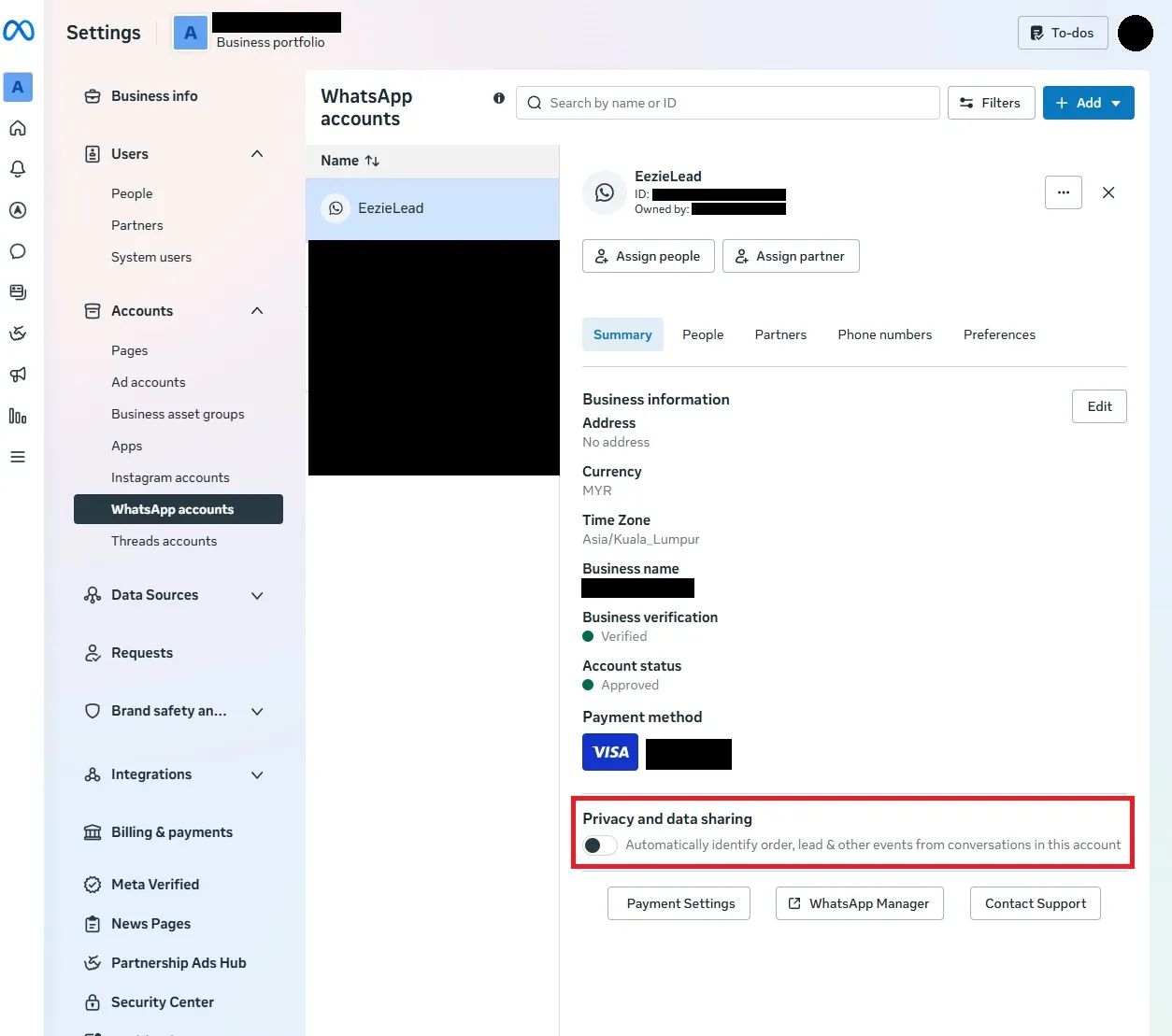 The Privacy and data sharing toggle switched off in Meta Business Suite