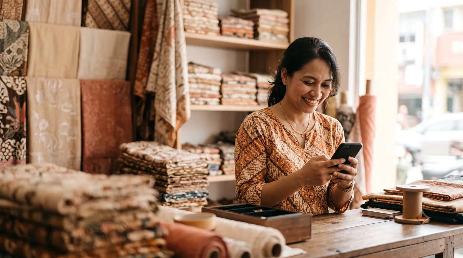 A batik shop owner smiling at a customer message that has just arrived on her phone