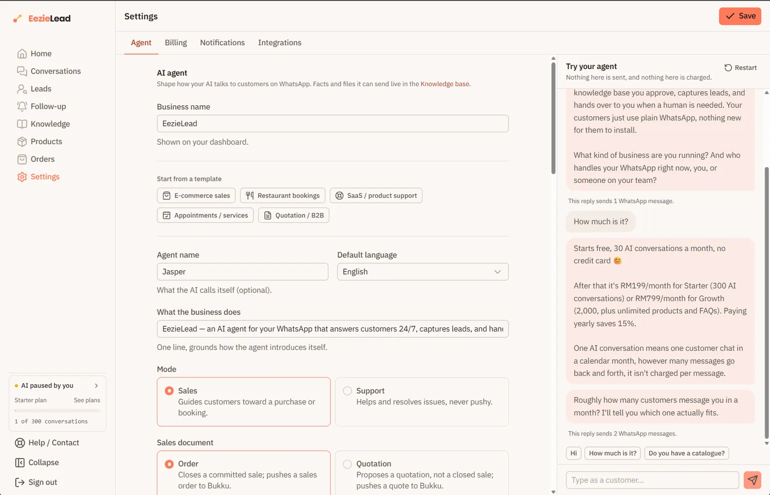 The EezieLead Settings page with the agent preview docked on the right