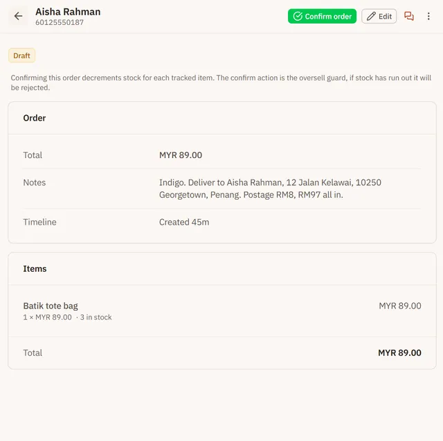 The same conversation written up as a draft order in EezieLead, one batik tote bag at MYR 89.00 with the delivery address, waiting for the shop owner to confirm it